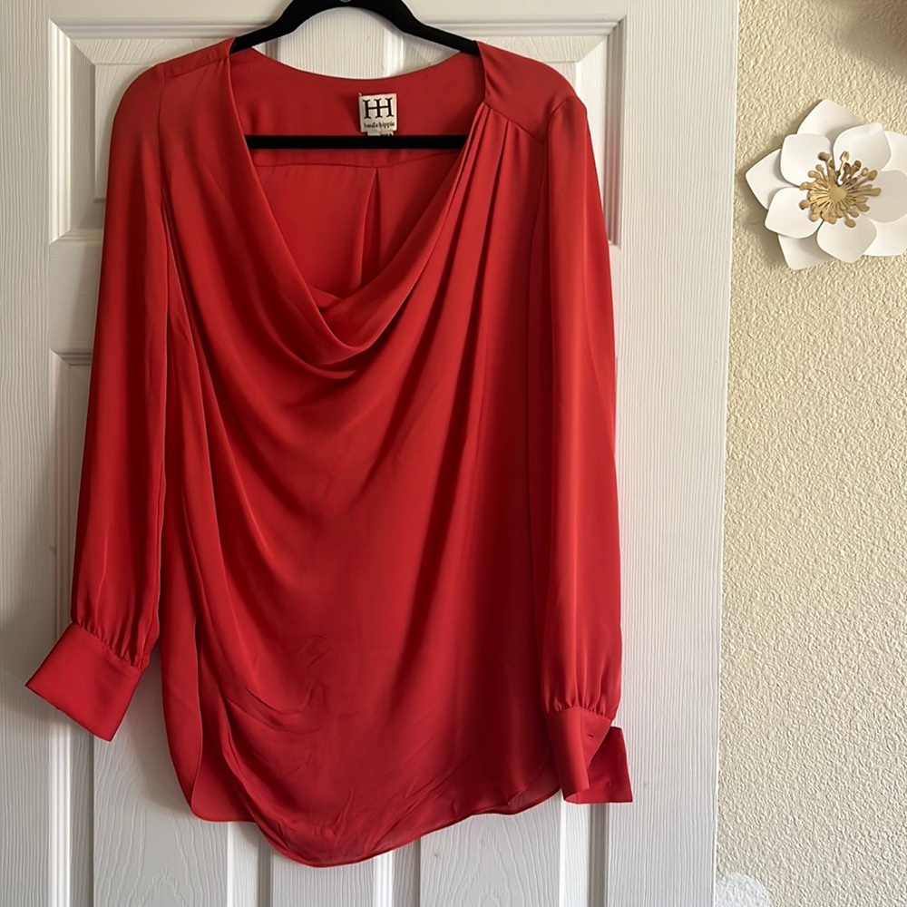 Haute Hippie size Small long sleeve silk orange coral red cowl neck blouse